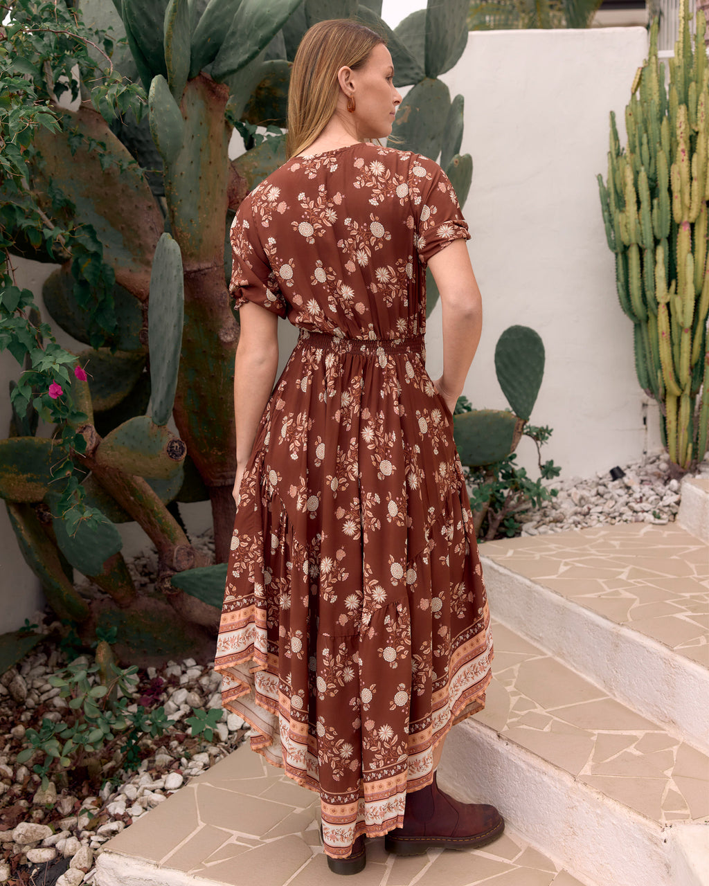 vera bohemian back dress floral border print brown pink floral motives curved vera maxi dress back view
